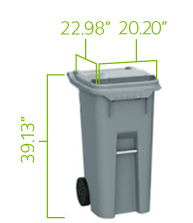 35 Gallon Trash Cart: 39.13 inches tall, 20.20 inches wide, 22.98 inches long